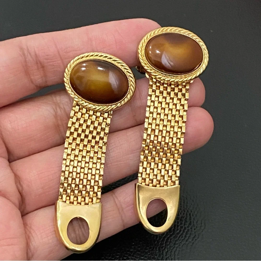Vintage AVON Yellow/Brown Cabochon Gold-tone Mesh Cuff Links